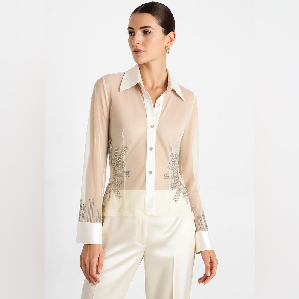 Vintage Taglia Sheer Beaded Satin Blouse Ivory Size M Long Sleeve Dressy Top